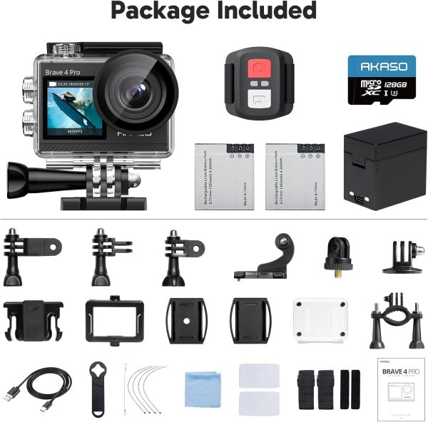 AKASO Brave 4 Pro 4K30 Action Camera with 128GB MicroSD U3 Card, 131FT Underwater Waterproof Camera EIS Touch Screen Remote Control with 2x1350mAh Batteries and Helmet Accessories Kit Bundle - Image 9